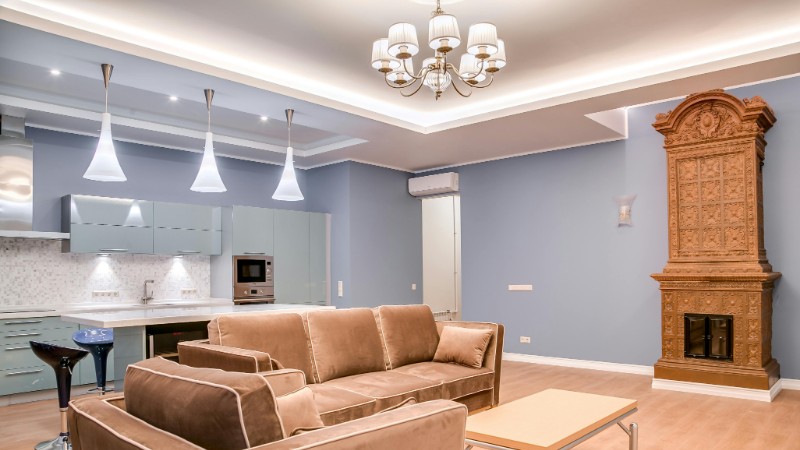 Stylish minimalist living room and kitchen with modern furniture and elegant design., tags: de - pexel