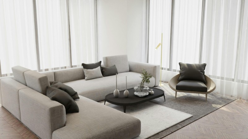 Elegant and cozy minimalist living room featuring a large gray sofa, armchair, and sleek coffee table., tags: nederlandse - pexel